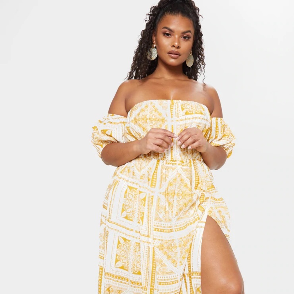 PLTs Plus Yellow Paisely Tile Print Maxi Dress